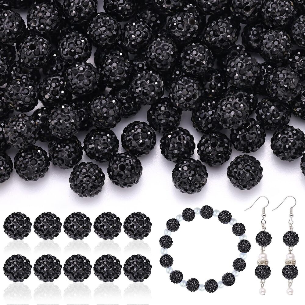 6883 200pcs 10mm Rhinestone Beads for Jewelry Making, Black Shiny Round